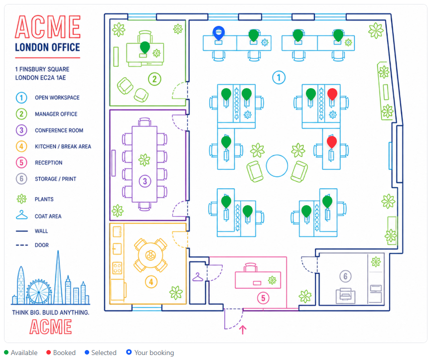 London office floor plan with neon pins marking booked desks